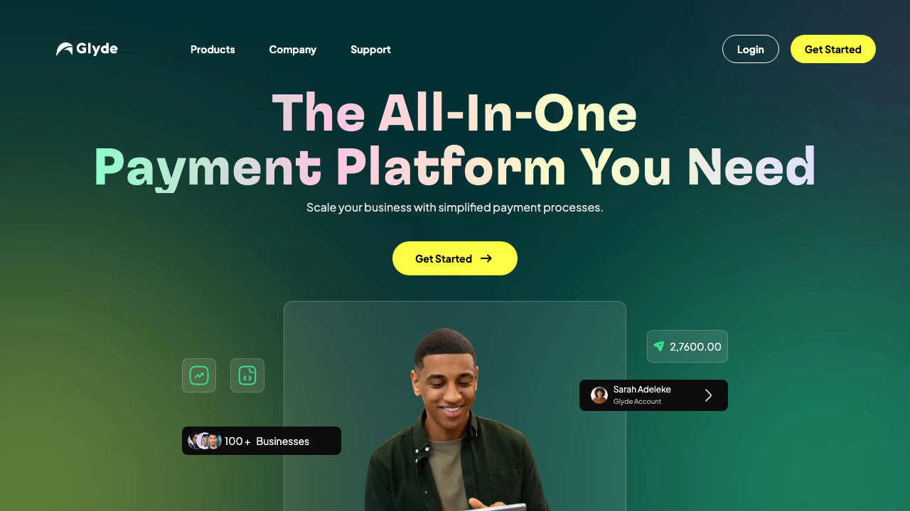 Screenshot of the Glyde website homepage, the all-in-one payment platform Daniel engineered.